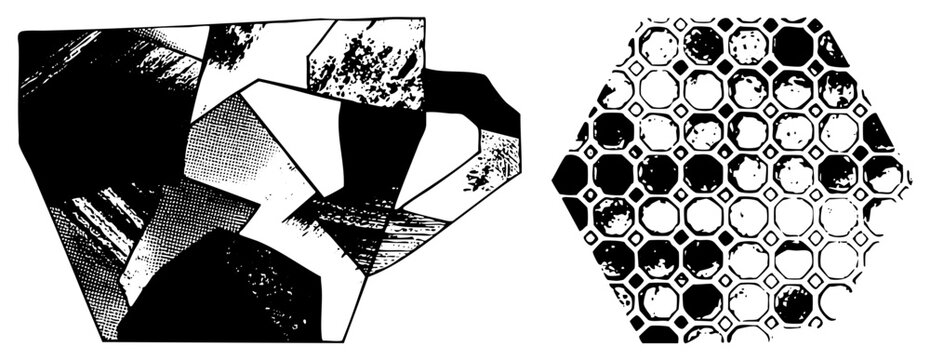 Bold black and white vector art with fragmented polygons, repeating hex grids, halftone textures, minimalist design, Art Deco, geometric abstraction.