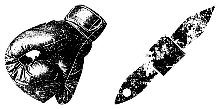Classic boxing glove and dagger rendered in gritty halftone style, combat symbols, vintage graphic design, black and white vector illustration, martial.