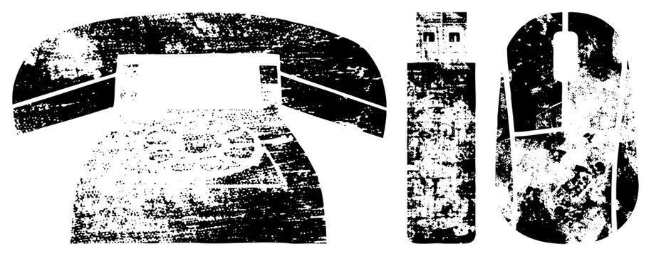 Retro rotary phone, USB flash drive, ergonomic mouse, distressed halftone vector, tech nostalgia, digital analog, pixelated.