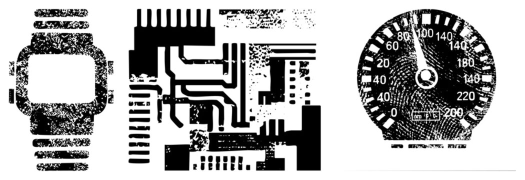Digital device, electronic circuit, analog speed gauge, tech vector art, minimalist tech symbols, tech interface elements, digital gadget.