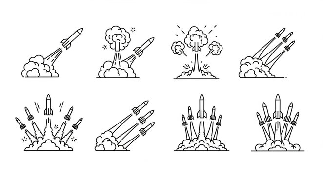Collection of rocket launch illustrations with smoke trails and explosions.