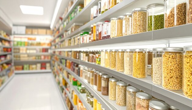 Well-stocked shelves of non-perishable food items like rice, beans, and pasta displayed neatly in a bright supermarket aisle, showcasing variety and abundance.