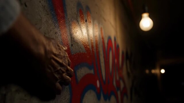 Hand touching graffiti on concrete wall with light bulb, urban art scene.