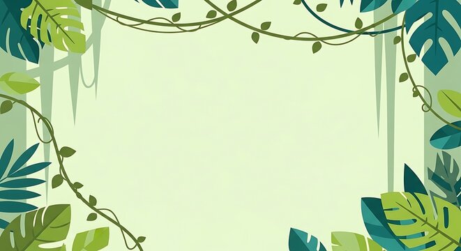 Lush tropical leaf and vine border in a flat design style, featuring green monstera and other jungle plants on a light background. Ideal for nature-themed projects.