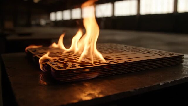 Industrial scene, wood with pattern burning with fire in factory setting, wood burning.