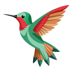 Obraz premium Vibrant Green Hummingbird in Flight with Red Throat Patch and Orange Tail Feathers on white background