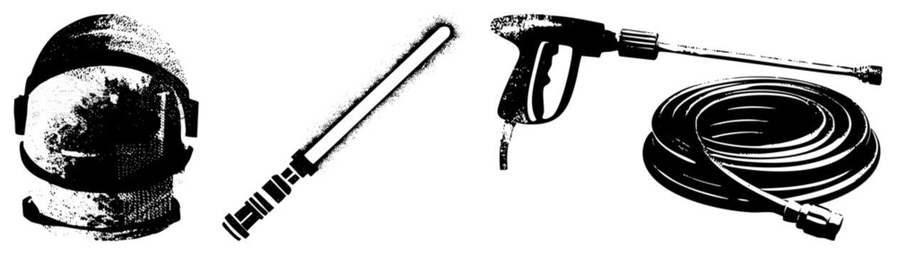 Sci fi astronaut helmet, glowing lightsaber blade, high pressure washer nozzle, coiled garden hose, black and white halftone vector art.
