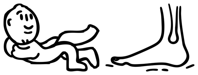 Obraz premium Simple drawing of baby reaching for foot, playful interaction, infant reaching, cartoon character, stylized human figure, child reaching.