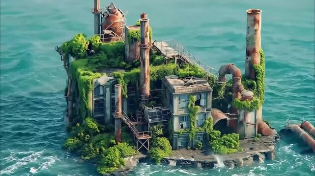 factory on an abandoned island in clay, 3D isometric low poly style. 4K Videos