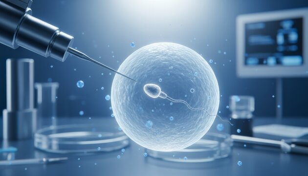 Ivf procedure showing a micro needle injecting a single sperm cell into a human egg or ovum for fertilization, with laboratory equipment and a microscope monitoring the process