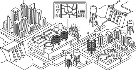 Obraz premium Line art vector of smart city water management, purification plant and dam infrastructure
