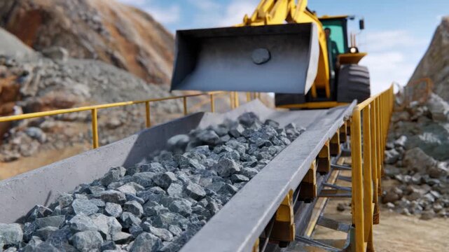 Industrial Might: A robust front-end loader meticulously deposits quarried stone onto a conveyor belt, showcasing the dynamic power and precision integral to industry.
