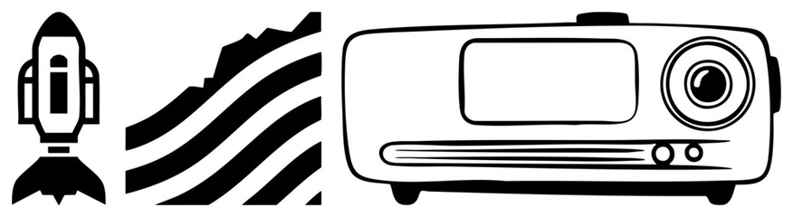 Obraz premium Vintage TV console with rounded design, eye like lens, and control dials, paired with and stylized mountain waves, vector illustration.