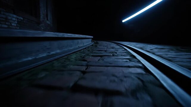 Neon light painting over old cobblestone street, dark alleyway at night.