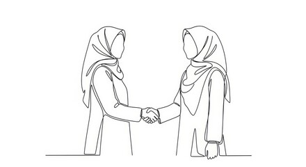 Obraz premium A continuous-line illustration showing two women in modest Islamic attire shaking hands. It emphasizes connection, empowerment, and collaboration among Muslim women in both social and business context