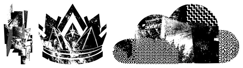 Obraz premium Stylized crown with angular facets and star motif, abstract cloud shapes with sections, vector art with distressed halftone textures and graphic design elements.