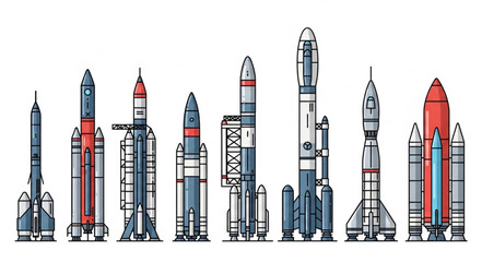Collection of diverse rockets and spacecraft lined up for launch. © Chanyan
