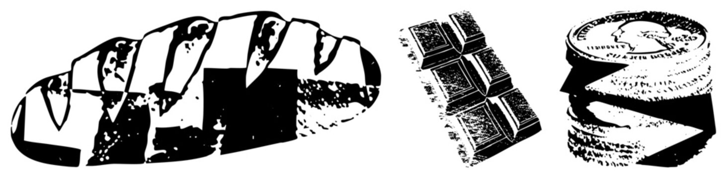 Artistic depiction of sliced bread loaf, segmented chocolate bar, and stacked coins, rendered in high contrast halftone style with bold and textured shading.