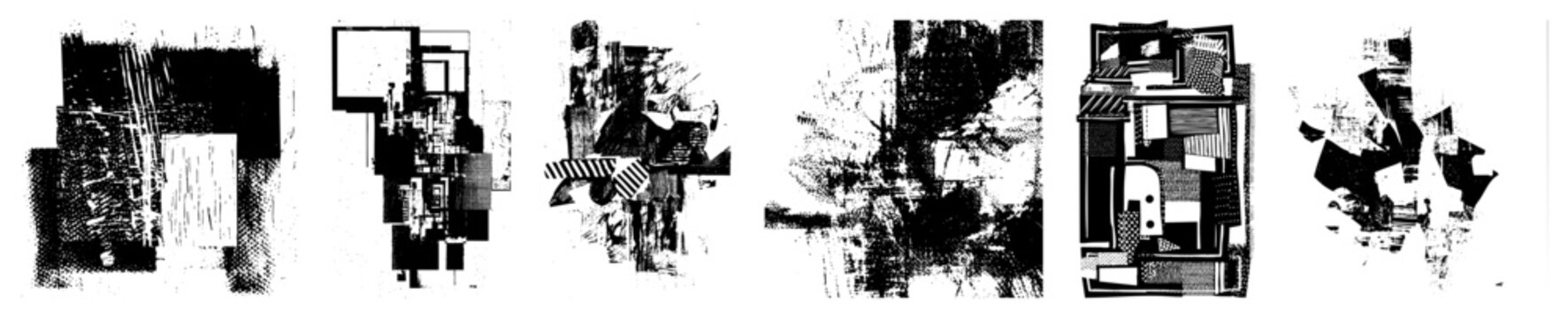 Fragmented abstract shapes with halftone, vector collage, graphic design, modern art piece, black and white composition, geometric abstraction.