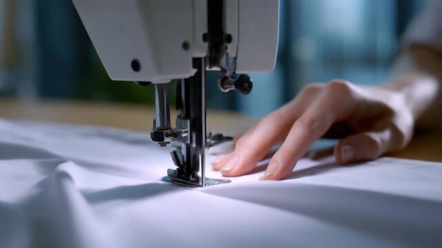 Precision Stitch: An up-close view of a hand expertly guiding fabric through a sewing machine, highlighting the precision and artistry of garment creation.