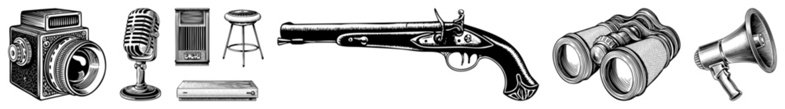 Classic retro tech collection including film camera, vintage mic, flintlock pistol, binoculars, and megaphone, all in black and white art.