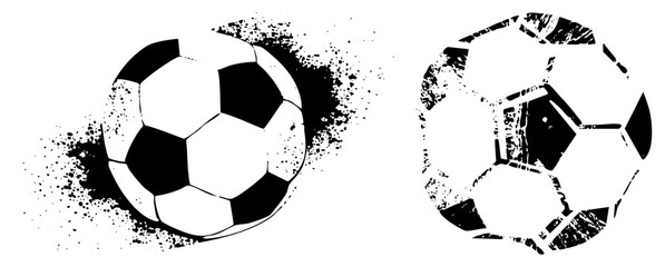 Naklejka premium Two stylized soccer balls with distressed textures and ink splatter, vector sports, athletic design, black and white graphic, football symbols, isolated sports.