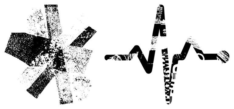 Distressed black medical star symbol and heartbeat graphic, vector illustration with halftone texture, emergency care, healthcare design element, medical emblem.