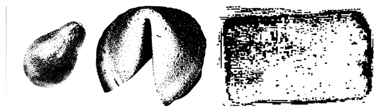 Vintage halftone print of avocado, fortune cookie, and brick texture, vector art, graphic design elements, retro illustration style.