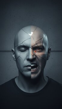 Bald man's split portrait, calm, closed eyed half contrasts with red eyed screaming side, depicting internal conflict, mental health struggle, anger and despair