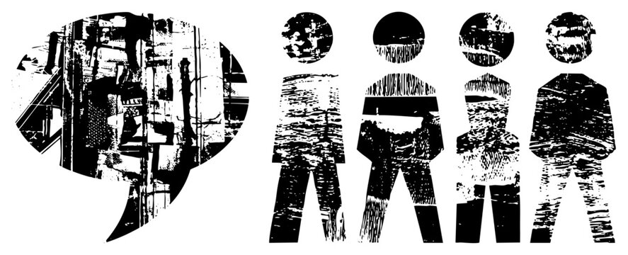 Distressed black and white speech bubble with urban decay texture, four grunge silhouettes, vector, street art style, urban communication.