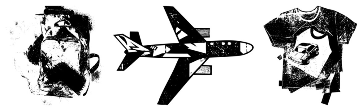Retro backpack, airplane, and car t shirt design, halftone vector art, graphic tee print, travel and gear motifs, illustration.