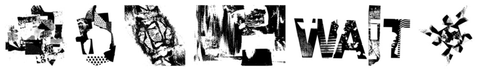 Fototapeta premium Fragmented typography with halftone textures, abstract geometric, glitch art collage, digital noise, fragmented letterforms, vectorized noise, black and white glitch art.