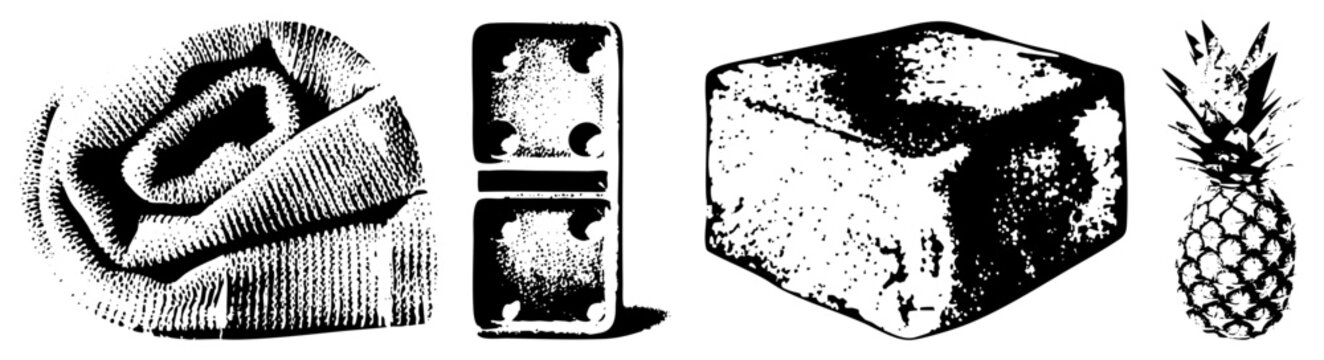 Retro stylized halftone print of spiral,, ice cube, graphic design elements, vector art, black and white illustration.