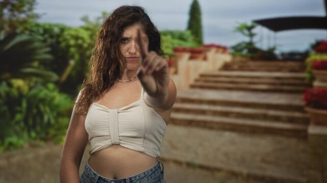 Woman points finger at camera showing exposed stomach on stone building steps outdoors; confidence challenge.