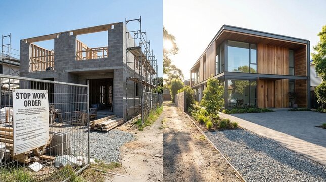 Unfinished masonry shell stands beside completed