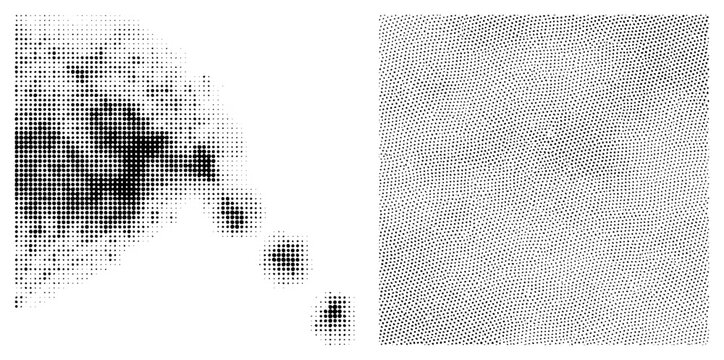 Vector halftone graphic using dot density gradients, stippling effect, print art style, isolated foreground elements, black and white design, pixelated texture.