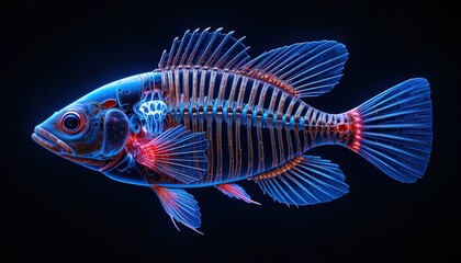 Fototapeta premium Glowing x-ray skeleton fish in abstract blue and red neon light against dark background, concept of marine biology research and science, x ray, digital art, data visualization