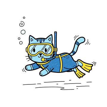 Cute Blue Cat Wearing Scuba Gear Swimming Underwater.