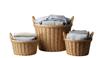 Three wicker baskets containing folded clothes on a transparent background