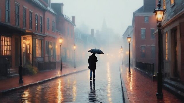A person with an umbrella walks down a wet cobblestone street lined with buildings and streetlights