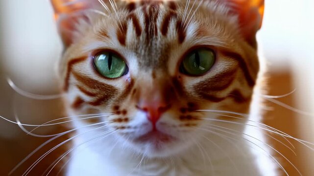 Domestic Feline With Bright Eyes. Detailed Portrait Of Curious Pet With Striking Eyes And Whiskers