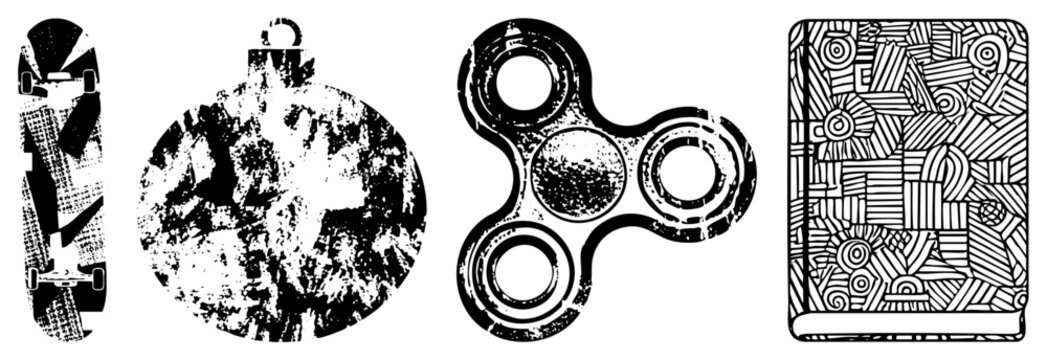 Grungy vector of skateboard, Christmas ornament, fidget spinner, and illustrated book cover,, distressed texture, isolated design elements.