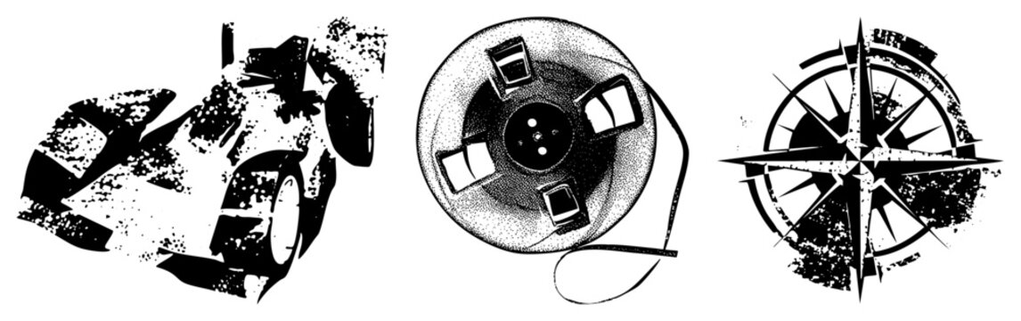 Stylized racing car with halftone texture, film reel with tape, compass rose with distressed edges all vector in, isolated foregrounds, ideal for retro or tech themes.