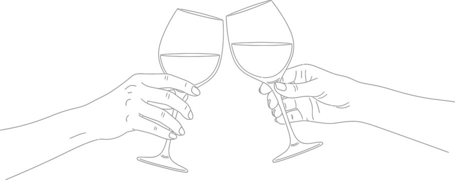 Two hands holding wine glasses clinking together in a toast moment