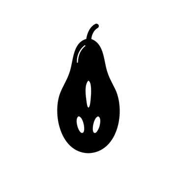 Minimalist black and white graphic of a pear cut in half lengthwise