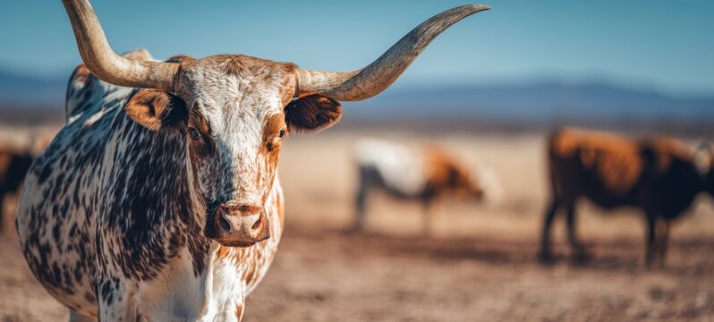 The Longhorn Cow Standing in a Sunlit Arid Ranch Landscape with Mountains