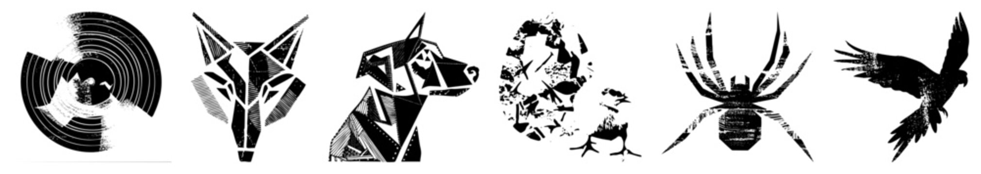 Stylized animal heads and birds in geometric, halftone textures, and art, ideal for graphic design, tattoos, or branding. Includes wolf, dog, chick, spider, and bird motifs.