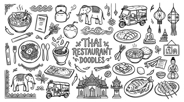 Set of Thai food restaurant doodles. hand drawn style. black and white line art drawing