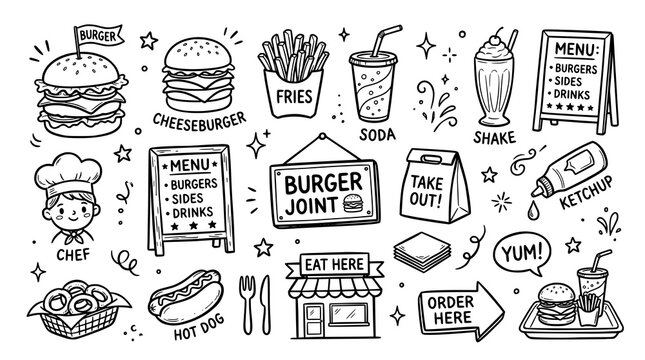 Set of Burger food restaurant doodles. hand drawn style. black and white line art drawing
