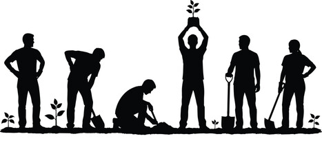 Volunteers planting trees together, community gardening team silhouettes with shovels nurturing seedlings, environmental conservation teamwork concept illustration isolated background sustainability © E-Designs